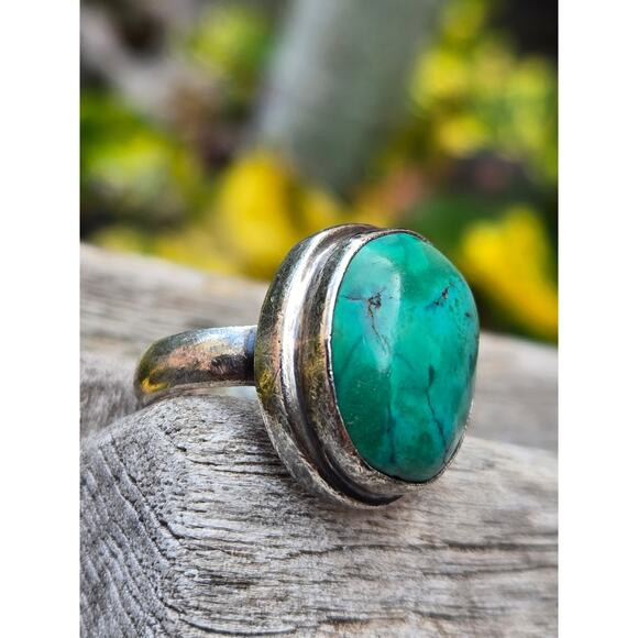 Vintage Sterling Silver Oval Turquoise Modernist Ring Size 6.75 - Picture 8 of 9